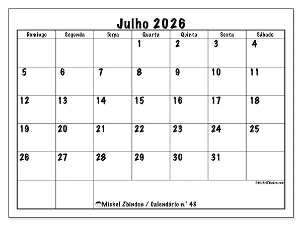 Calendário de julho de 2026 para imprimir - Eficiência diária - Semana de domingo a sábado