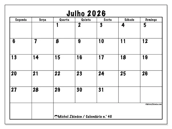 Calendário de julho de 2026 para imprimir - Eficiência diária