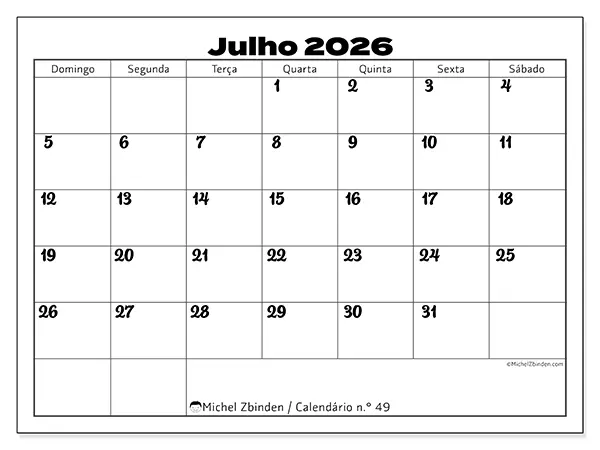 Calendário de julho de 2026 para imprimir - Coordenação produtiva - Semana de domingo a sábado