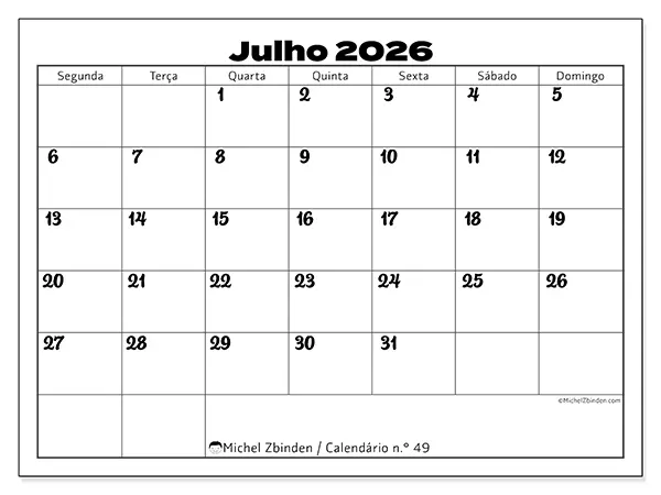 Calendário de julho de 2026 para imprimir - Coordenação produtiva