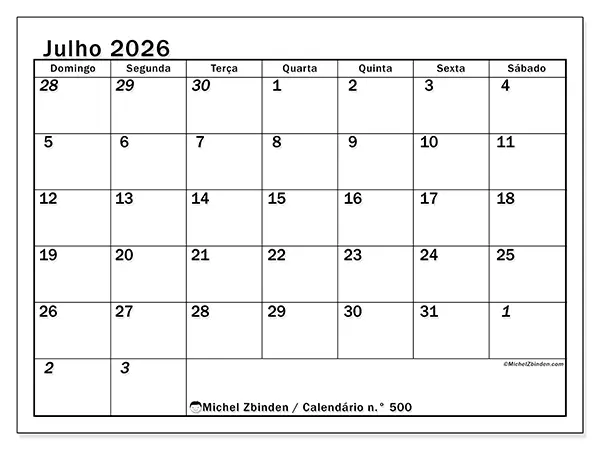 Calendário de julho de 2026 para imprimir - Planeamento intensivo - Semana de domingo a sábado