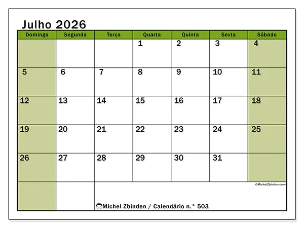 Calendário de julho de 2026 para imprimir - Organização viva - Semana de domingo a sábado