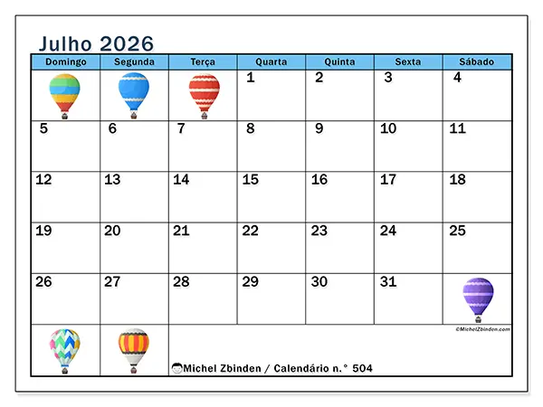 Calendário de julho de 2026 para imprimir - Balões de ar quente - Semana de domingo a sábado
