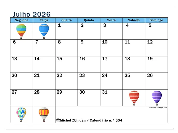 Calendário de julho de 2026 para imprimir - Balões de ar quente