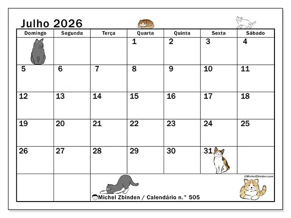 Calendário de julho de 2026 para imprimir - Vida de gato - Semana de domingo a sábado