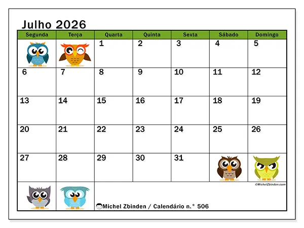 Calendário de julho de 2026 para imprimir - Corujas divertidas