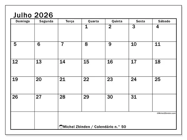 Calendário de julho de 2026 para imprimir - Planeamento ideal - Semana de domingo a sábado
