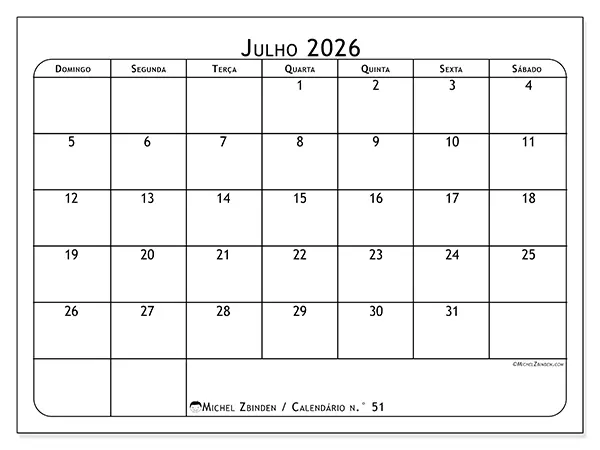 Calendário de julho de 2026 para imprimir - Planeador de refeições - Semana de domingo a sábado