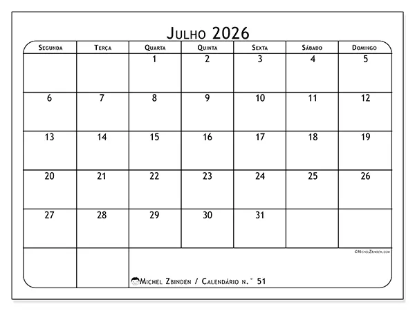 Calendário de julho de 2026 para imprimir - Planeador de refeições