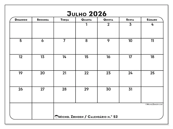 Calendário de julho de 2026 para imprimir - Organização profissional - Semana de domingo a sábado