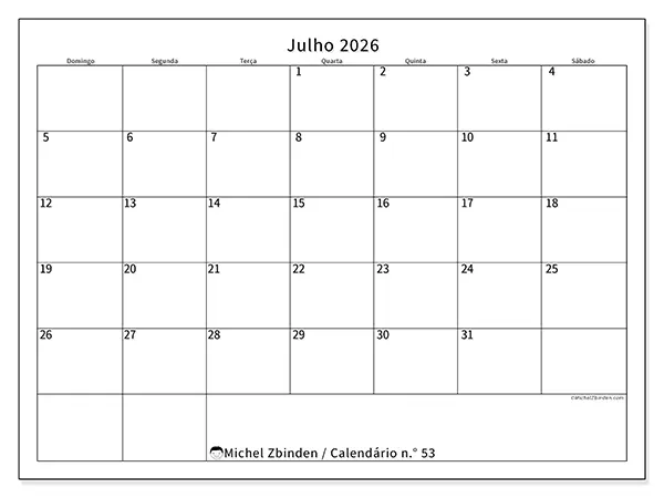 Calendário de julho de 2026 para imprimir - Horário eficiente - Semana de domingo a sábado