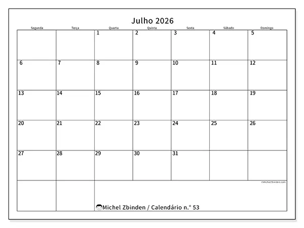 Calendário de julho de 2026 para imprimir - Horário eficiente
