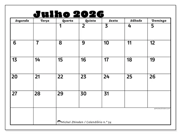 Calendário de julho de 2026 para imprimir - Atividades em família