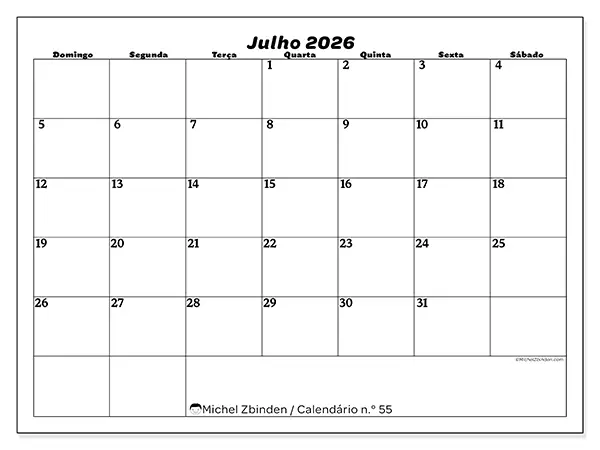 Calendário de julho de 2026 para imprimir - Organização do lazer - Semana de domingo a sábado