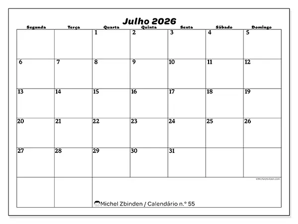 Calendário de julho de 2026 para imprimir - Organização do lazer
