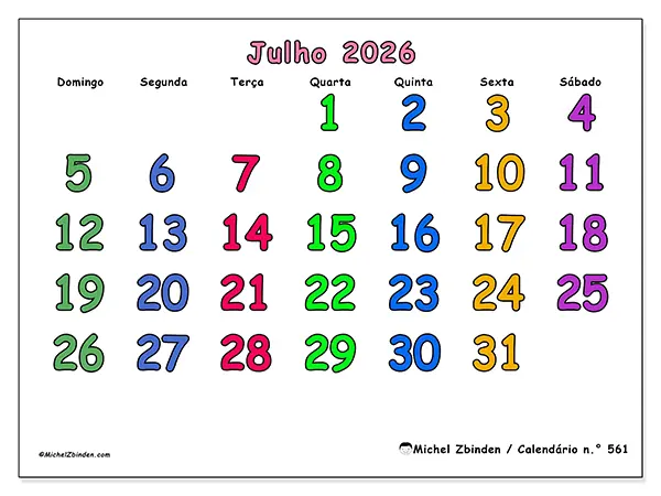 Calendário de julho de 2026 para imprimir - Momentos criativos - Semana de domingo a sábado