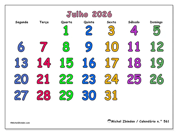 Calendário de julho de 2026 para imprimir - Momentos criativos