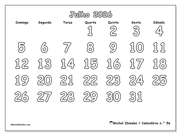 Calendário de julho de 2026 para imprimir - Colorir útil - Semana de domingo a sábado