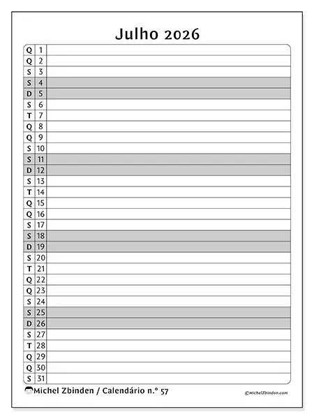 Calendário de julho de 2026 para imprimir - Lista de atividades