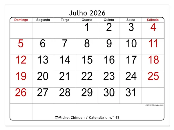 Calendário de julho de 2026 para imprimir - Leitura rápida - Semana de domingo a sábado