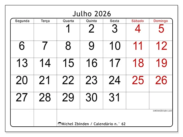 Calendário de julho de 2026 para imprimir - Leitura rápida
