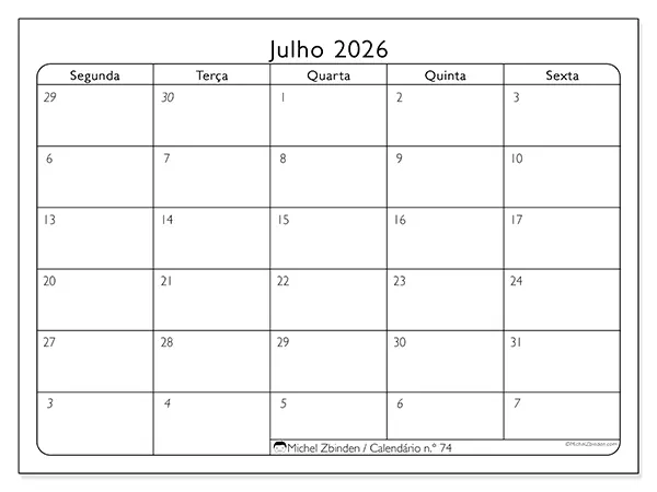 Calendário de julho de 2026 para imprimir - Organização do trabalho