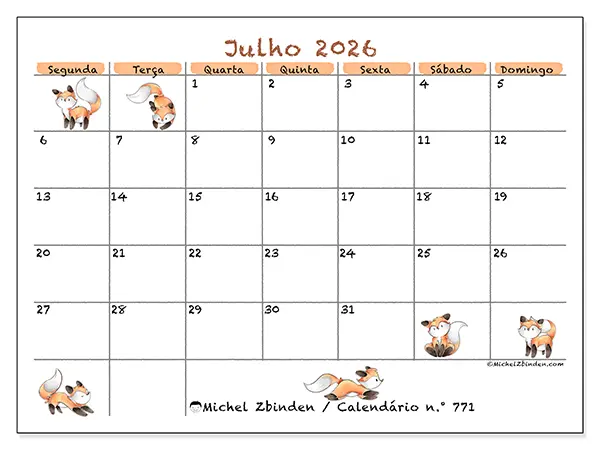 Calendário de julho de 2026 para imprimir - Desenhos de raposas