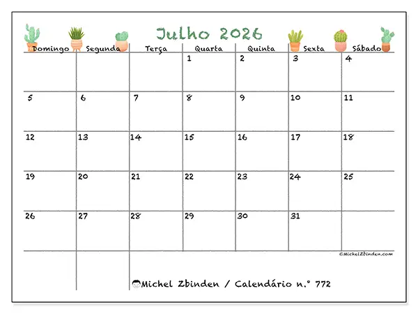Calendário de julho de 2026 para imprimir - Cactos decorativos - Semana de domingo a sábado