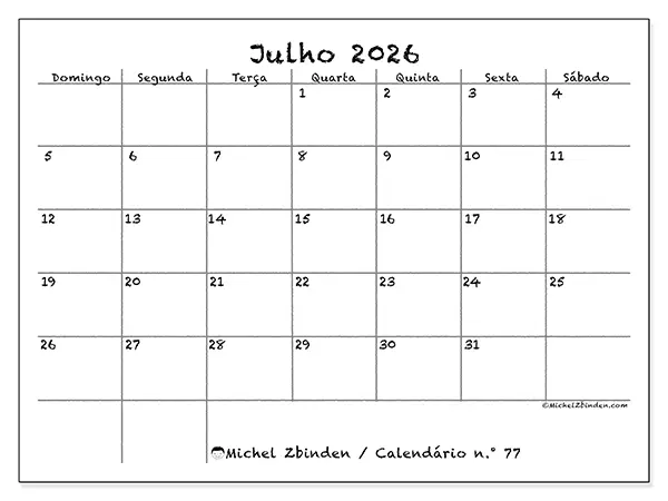 Calendário de julho de 2026 para imprimir - Escola e família - Semana de domingo a sábado
