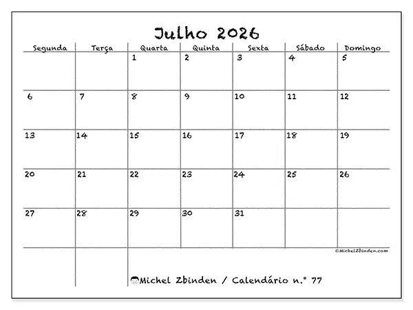 Calendário de julho de 2026 para imprimir - Escola e família