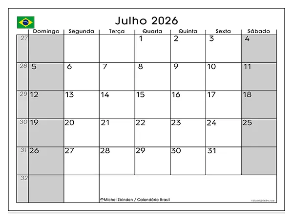 Calendário de julho de 2026 para imprimir - Brasil