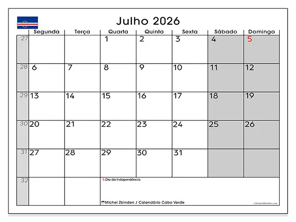 Calendário de julho de 2026 para imprimir - Cabo Verde