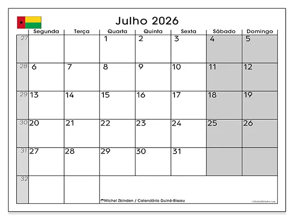 Calendário de julho de 2026 para imprimir - Guiné-Bissau