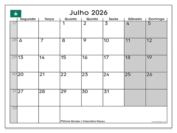 Calendário de julho de 2026 para imprimir - Macau