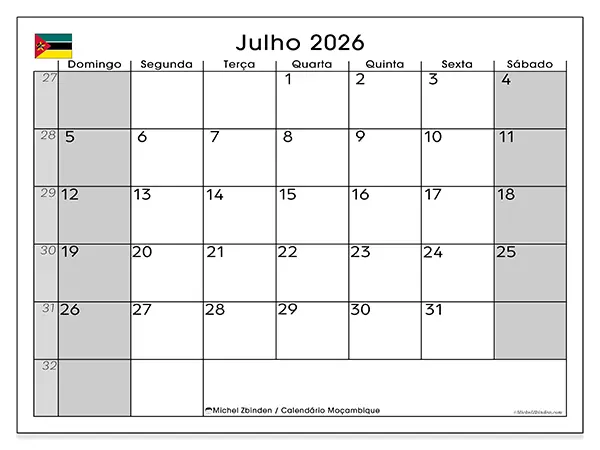 Calendário de julho de 2026 para imprimir - Moçambique