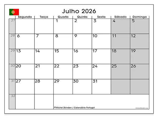 Calendário de julho de 2026 para imprimir - Portugal