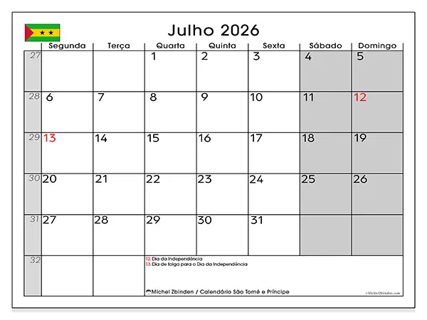 Calendário de julho de 2026 para imprimir - São Tomé e Príncipe