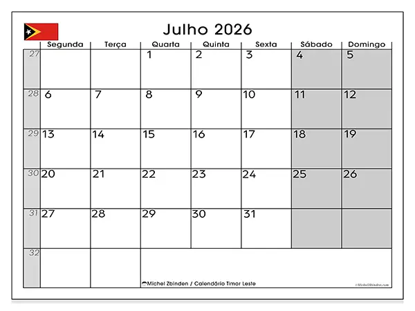 Calendário de julho de 2026 para imprimir - Timor Leste