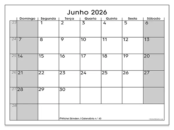 Calendário de junho de 2026 para imprimir - Organização perfeita - Semana de domingo a sábado