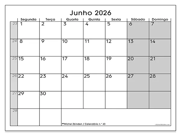 Calendário de junho de 2026 para imprimir - Organização perfeita