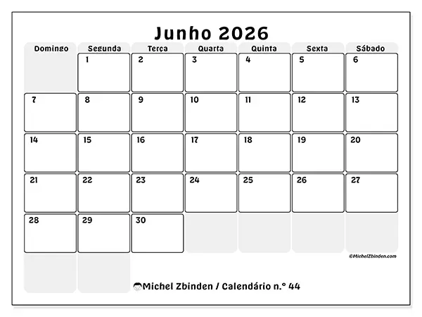 Calendário de junho de 2026 para imprimir - Planeamento estruturado - Semana de domingo a sábado