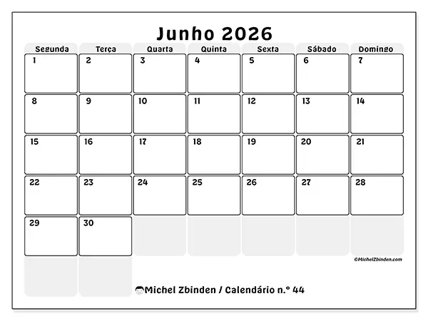 Calendário de junho de 2026 para imprimir - Planeamento estruturado