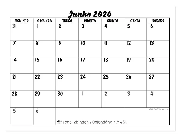 Calendário de junho de 2026 para imprimir - Organização detalhada - Semana de domingo a sábado
