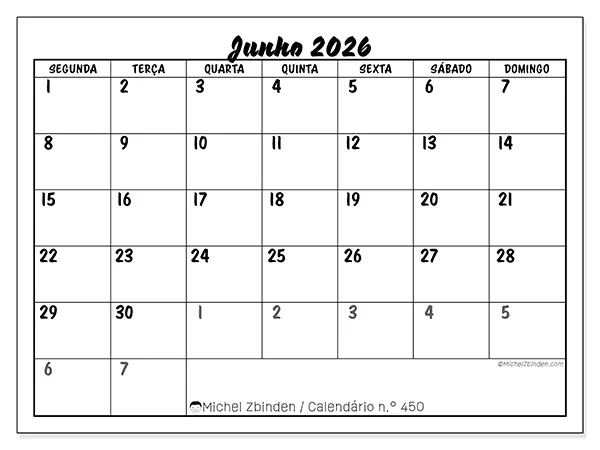 Calendário de junho de 2026 para imprimir - Organização detalhada