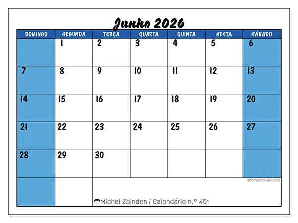 Calendário de junho de 2026 para imprimir - Organização dinâmica - Semana de domingo a sábado