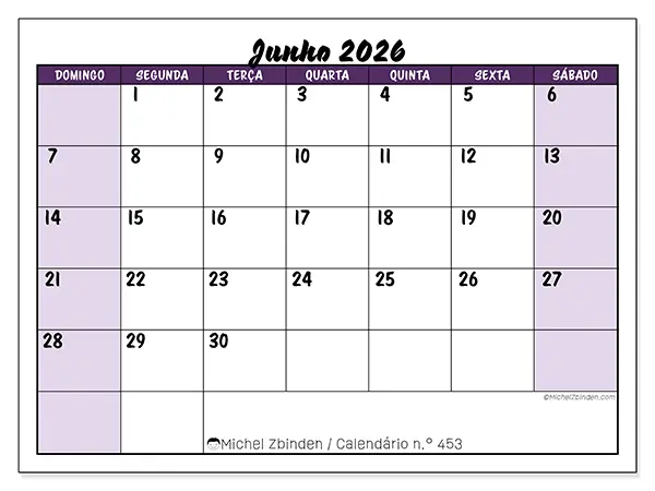 Calendário de junho de 2026 para imprimir - Eficiência colorida - Semana de domingo a sábado