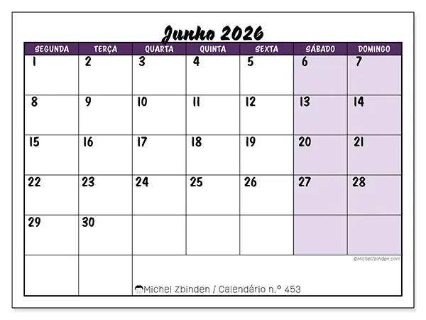 Calendário de junho de 2026 para imprimir - Eficiência colorida