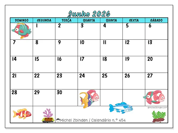 Calendário de junho de 2026 para imprimir - Peixes coloridos - Semana de domingo a sábado