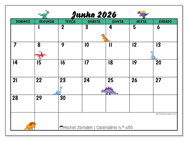 Calendário de junho de 2026 para imprimir - Pequenos dinossauros - Semana de domingo a sábado