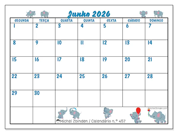 Calendário de junho de 2026 para imprimir - Pequenos elefantes